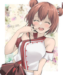 Rule 34 | 1girl, artist name, bare shoulders, blush, breasts, brown hair, dated, double bun, gakky, hair bun, kantai collection, medium breasts, official alternate costume, open mouth, shirt, short hair, short sleeves, signature, skirt, smile, solo, tan yang (kancolle), teeth, upper body, upper teeth only, white shirt, white skirt, yukikaze (kancolle)