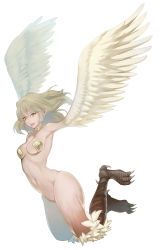 Rule 34 | 1girl, armpits, arms up, breasts, choker, feathered wings, feet up, from side, full body, harpy, highres, light brown hair, medium breasts, medium hair, meesuke, monster girl, navel, nude, open mouth, original, outstretched arms, pasties, pointy ears, simple background, smile, solo, talons, white background, white wings, winged arms, wings, yellow eyes
