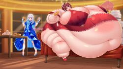 Rule 34 | 2girls, absurdres, ange katrina, ange katrina (3rd costume), big belly, blue eyes, blush, breasts, bridal gauntlets, chaise longue, commentary, commission, commissioner upload, dress, eduardocabezon, english commentary, evening gown, fat, fat rolls, flower, food, gigantic breasts, gloves, hair flower, hair intakes, hair ornament, high heels, highres, holding, holding food, lize helesta, lize helesta (3rd costume), long hair, medium breasts, multiple girls, navel, nijisanji, obese, pink gloves, plate, plate stack, purple eyes, red dress, red hair, short hair, size difference, sleeveless, sleeveless dress, smug, table, torn clothes, triangle hair ornament, undersized clothes, virtual youtuber, weight gain, white hair, wooden floor, wooden table