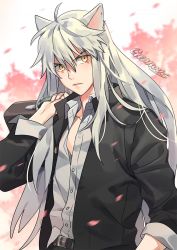Rule 34 | 1boy, alternate costume, animal ears, artist name, bag, casual, cherry blossoms, commentary, dog ears, fang, gakuran, gearous, highres, inuyasha, inuyasha (character), lips, long hair, looking at viewer, male focus, over shoulder, school bag, school uniform, silver hair, solo, unbuttoned, upper body, yellow eyes
