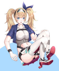 Rule 34 | 1girl, blonde hair, blue eyes, blush, breasts, collared shirt, full body, gambier bay (kancolle), gambier bay mk ii (kancolle), hair between eyes, kantai collection, large breasts, long hair, mayura (lucadia), navel, open mouth, rudder footwear, shirt, short sleeves, smile, solo, thighhighs, twintails, white shirt, white thighhighs