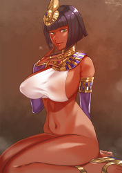 Rule 34 | 1girl, armlet, black hair, blunt bangs, bob cut, bottomless, bracelet, breasts, bridal gauntlets, brown background, dark-skinned female, dark skin, egyptian, egyptian clothes, elbow gloves, gloves, green eyes, hamushima, jewelry, kneeling, large breasts, looking at viewer, navel, original, parted lips, partially submerged, sandals, short hair, sideboob, smile, solo, tiara, usekh collar