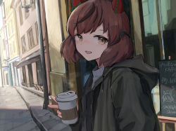 Rule 34 | 1girl, animal ears, breasts, brown hair, building, chalkboard sign, coffee cup, cup, disposable cup, dot nose, ear covers, green jacket, highres, holding, holding cup, horse ears, jacket, lamppost, looking at viewer, medium breasts, multicolored hair, nice nature (umamusume), open mouth, outdoors, seikatsu, smile, solo, steam, streaked hair, twintails, umamusume, upper body, v, yellow eyes