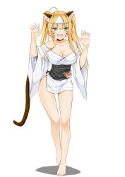 Rule 34 | 1girl, :3, @ichigo, ahoge, animal ears, barefoot, blonde hair, breasts, cat ears, cat tail, cleavage, feet, full body, ghost, green eyes, highres, japanese clothes, kimono, large breasts, open mouth, short kimono, simple background, solo, standing, tail, white background, yukata