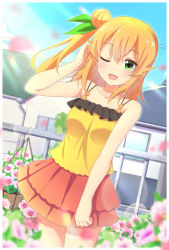 Rule 34 | 1girl, ;d, bare arms, bare shoulders, blonde hair, blue sky, blurry, blurry foreground, blush, camisole, collarbone, commentary request, day, depth of field, flower, green eyes, hair between eyes, hair bun, hand up, highres, hinatsuki mikan, house, layered skirt, long hair, looking at viewer, machikado mazoku, one eye closed, one side up, open mouth, outdoors, pleated skirt, purple flower, red skirt, side bun, single hair bun, single side bun, skirt, sky, smile, solo, standing, window, x-6, yellow camisole