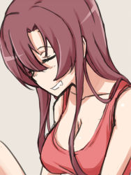 Rule 34 | 10s, 1girl, bare shoulders, breasts, cleavage, closed eyes, grey background, long hair, maporo shiki, open mouth, red hair, ryuugajou nanana no maizoukin, saliva, simple background, sleeping