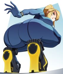Rule 34 | 1girl, ass, ass focus, blonde hair, blue background, blue bodysuit, bodysuit, bracelet, breasts, closed mouth, eyelashes, from behind, from below, frown, full body, glowing, gradient background, green eyes, high heels, highres, jewelry, large breasts, lips, looking at viewer, looking back, looking down, metroid, mole, mole under mouth, nintendo, open hand, ponytail, ravenravenraven, samus aran, skin tight, solo, squatting, super smash bros., thick eyebrows, white background, yellow footwear, zero suit