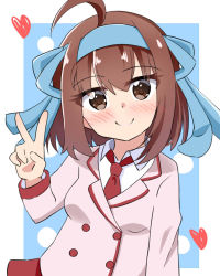Rule 34 | 1girl, ahoge, blazer, blue background, blue hairband, blue ribbon, blush, breasts, brown eyes, brown hair, closed mouth, collared shirt, commentary request, hair between eyes, hair ribbon, hairband, hand up, heart, highres, jacket, kapuru 0410, long sleeves, looking at viewer, necktie, papa no iu koto wo kikinasai!, pink jacket, polka dot, polka dot background, red necktie, red skirt, ribbon, school uniform, shirt, skirt, small breasts, smile, solo, takanashi sora, two-tone background, v, white background, white shirt