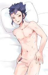 Rule 34 | 1boy, abs, bed, blush, censored, erection, inazuma eleven (series), male focus, muscular, nude, pectorals, penis, pillow, smile, testicles, tsurugi kyousuke