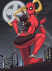 Rule 34 | 1girl, bad id, bad pixiv id, beckoning, blonde hair, blue eyes, bodysuit, breath, come hither, hand on own hip, lady deadpool, long hair, looking at viewer, maou alba, marvel, mask, ponytail, solo, thighs, wanda wilson