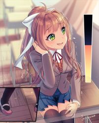 Rule 34 | 1girl, artist name, averting eyes, black thighhighs, blue skirt, blush, breasts, brown hair, brown jacket, chair, classroom, curtains, desk, doki doki literature club, embarrassed, female focus, flying sweatdrops, green eyes, hair ribbon, hand on own leg, hand up, have to pee, indoors, jacket, kakuume, legs together, long hair, long sleeves, looking to the side, miniskirt, monika (doki doki literature club), multiple views, neck ribbon, nervous, open mouth, pee, peeing, peeing self, pink footwear, pleated skirt, ponytail, red ribbon, ribbon, school desk, school uniform, shirt, shoes, signature, sitting, skindentation, skirt, small breasts, smile, sparkle, sweat, teeth, thighhighs, trembling, urine meter, wet, wet clothes, white ribbon, white shirt, x-ray, zettai ryouiki