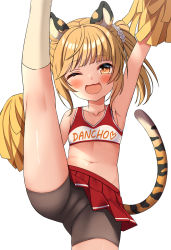 Rule 34 | 1girl, ;d, animal ear fluff, animal ears, armpits, bare arms, bare shoulders, bike shorts, black shorts, blonde hair, blush, breasts, cameltoe, cheerleader, clothes writing, collarbone, commentary request, crop top, granblue fantasy, hekomii, highres, holding, huang (granblue fantasy), kneehighs, leg up, navel, one eye closed, open mouth, pleated skirt, pom pom (cheerleading), red eyes, red skirt, romaji text, short shorts, shorts, shorts under skirt, side ponytail, simple background, skirt, small breasts, smile, socks, solo, standing, standing on one leg, tail, tail raised, tiger ears, tiger girl, tiger tail, white background, white socks