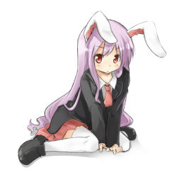 1girl :&lt; animal_ears bad_id bad_pixiv_id blazer female_focus jacket long_hair mukunoki_nanatsu nanatsu necktie purple_hair rabbit_ears red_eyes red_necktie reisen_udongein_inaba skirt solo thighhighs touhou white_thighhighs