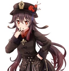 Rule 34 | 1girl, black hair, black hat, black jacket, black nails, breasts, brown hair, closed mouth, commentary request, flower, flower-shaped pupils, genshin impact, gradient hair, hair between eyes, hat, hat flower, highres, hu tao (genshin impact), jacket, jewelry, koyuki (azumaya999), long hair, long sleeves, looking at viewer, multicolored hair, nail polish, red eyes, red shirt, ring, shirt, simple background, sleeves past wrists, small breasts, smile, solo, symbol-shaped pupils, very long hair, white background