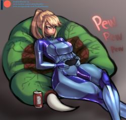Rule 34 | 1girl, blonde hair, blue bodysuit, blue eyes, bodysuit, breasts, can, cedric dewitt, closed mouth, commentary, controller, english commentary, expressionless, feet out of frame, game controller, gamepad, highres, holding, holding controller, holding game controller, large breasts, long hair, looking ahead, lying, metroid, mole, mole under mouth, nintendo, patreon logo, ponytail, samus aran, sidelocks, skin tight, solo, zero suit