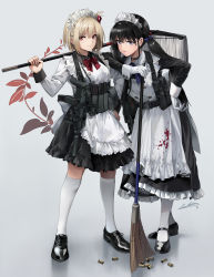 Rule 34 | 2girls, alternate costume, apron, belt, black choker, black dress, black footwear, black hair, blonde hair, blood, blood on clothes, bow, bowtie, broom, choker, dress, dress shoes, elbow rest, enmaided, frilled apron, frilled dress, frills, full body, gloves, grey background, gun, h&amp;k mp5k, h&amp;k mp7, heckler &amp; koch, highres, holding, holding broom, holding mop, inoue takina, kneehighs, leaning on person, long hair, lycoris recoil, magazine (weapon), maid, maid apron, maid headdress, mary janes, mop, multiple girls, neko (yanshoujie), nishikigi chisato, purple eyes, red bow, red bowtie, red eyes, revision, shell casing, shoes, short hair, signature, simple background, socks, standing, submachine gun, twintails, weapon, weapon request, white apron, white gloves, white socks