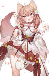 Rule 34 | 1girl, :d, ahoge, animal ear fluff, animal ears, brown eyes, brown hair, choker, commentary, copyright request, fangs, feet out of frame, floral background, flower, frilled skirt, frills, hair between eyes, hair flower, hair ornament, hair over shoulder, highres, long hair, low twintails, machi (7769), nail polish, open mouth, petals, pleated skirt, red choker, red nails, red skirt, shirt, single thighhigh, skindentation, skirt, smile, solo, standing, standing on one leg, tail, thighhighs, twintails, virtual youtuber, white background, white flower, white shirt, white thighhighs