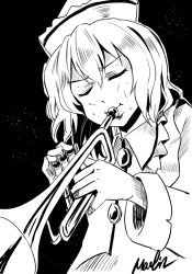 Rule 34 | 1girl, character name, greyscale, hat, instrument, merlin prismriver, monochrome, music, night, playing instrument, shimouki izui, short hair, solo, star (sky), sweat, touhou, trumpet