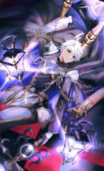 Rule 34 | 1boy, aged down, ahoge, armor, black eyes, black gloves, closed mouth, curtained hair, facial mark, fate/grand order, fate (series), feet out of frame, gloves, gold trim, grey hair, high collar, highres, holding, holding scissors, holding weapon, james moriarty (archer) (fate), james moriarty (ruler) (fate), lamp, long sleeves, looking at viewer, male focus, mege (megechan), official alternate costume, pants, scissors, shirt, short hair, shoulder armor, smile, solo, twitter username, weapon