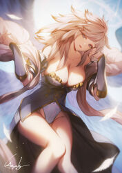 1girl bare_shoulders blue_dress blue_eyes blue_leotard breasts brown_hair cleavage closed_mouth collarbone covered_navel dress gabriel_(granblue_fantasy) genyaky granblue_fantasy hands_up head_tilt highres large_breasts leotard long_hair looking_at_viewer signature sitting smile thighs