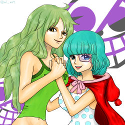 Rule 34 | 2girls, aged up, blue eyes, blue hair, breasts, clothes writing, donquixote pirates, dress, green hair, highres, holding hands, long hair, looking at viewer, monet (one piece), monocle, multiple girls, one piece, open mouth, polka dot, polka dot dress, short hair, siblings, sisters, smile, sugar (one piece), yellow eyes