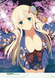Rule 34 | 1girl, blonde hair, blue eyes, blue kimono, blue skirt, blue sleeves, breasts, cherry blossoms, cleavage, collarbone, detached sleeves, floating hair, floral print, flower, green flower, hair flower, hair ornament, highres, japanese clothes, kimono, large breasts, leaning forward, long hair, looking at viewer, miniskirt, night, outdoors, outstretched arms, page number, pleated skirt, print skirt, print sleeves, purple flower, red flower, senran kagura, sideboob, skirt, sleeveless, sleeveless kimono, solo, standing, thighhighs, very long hair, white thighhighs, yellow flower, yomi (senran kagura), zettai ryouiki