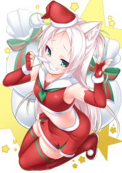 Rule 34 | 1girl, animal ear fluff, animal ears, azur lane, bare shoulders, boots, breasts, cat ears, christmas, commentary request, crop top, elbow gloves, fake facial hair, fake mustache, fingerless gloves, fur-trimmed footwear, fur-trimmed gloves, fur-trimmed headwear, fur trim, gloves, green eyes, hat, highres, kirisame mia, knee boots, midriff, navel, pleated skirt, red footwear, red gloves, red hat, red shirt, red skirt, red thighhighs, sack, santa hat, shirt, silver hair, sims (azur lane), skirt, sleeveless, sleeveless shirt, small breasts, solo, star (symbol), thighhighs, thighhighs under boots, white background