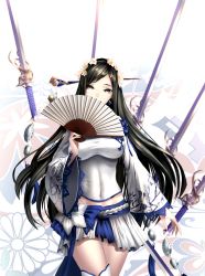 Rule 34 | 10s, 1girl, bad id, bad pixiv id, black eyes, black hair, blade &amp; soul, breasts, chinese clothes, covered navel, covering own mouth, cowboy shot, earrings, flower, folding fan, groin, hair flower, hair ornament, hair stick, hand fan, highres, holding, holding fan, impossible clothes, impossible shirt, jewelry, large breasts, limeblock, long hair, long sleeves, looking at viewer, midriff peek, miniskirt, shirt, single thighhigh, skirt, solo, straight hair, sword, thigh gap, thighhighs, very long hair, weapon, white skirt, white thighhighs, wide sleeves