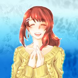 Rule 34 | 1girl, aran sweater, asymmetrical hair, blush, cable knit, close-up, collarbone, earrings, hair ornament, hairclip, happy, jewelry, lips, long hair, minato (leap-up), mole, mole under eye, original, red hair, smile, solo, sweater