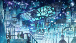 Rule 34 | 1boy, 1girl, aircraft, airship, blue theme, building, city, cityscape, cloud, commentary request, constellation, fantasy, highres, leaf (forcemsnk), multiple others, night, night sky, original, outdoors, scenery, sky, snowing, stairs, star (sky), starry sky, tower, vehicle focus, wide shot, winter