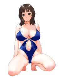 Rule 34 | 1girl, bare shoulders, barefoot, breasts, brown eyes, brown hair, cleavage, groin, highres, huge breasts, jt dong-agyoku, large breasts, navel, one-piece swimsuit, original, solo, squatting, swimsuit