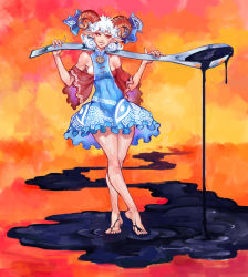 Rule 34 | 1girl, armpitcore420, bare legs, bare shoulders, barefoot, blue dress, blue ribbon, breasts, clothing cutout, covered navel, crossed legs, curled horns, curly hair, dress, earrings, eyebrows, fingernails, frilled dress, frills, grin, hands up, highres, holding, horizontal pupils, horn ornament, horn ribbon, horns, jewelry, mandarin collar, medium breasts, medium hair, nail polish, oil, orange background, over shoulder, oversized object, pink nails, pointy ears, red eyes, red sleeves, ribbon, sharp fingernails, sharp teeth, shoulder cutout, smile, solo, spoon, standing, teeth, touhou, sunken fossil world, toutetsu yuuma, watson cross, white hair, wide sleeves