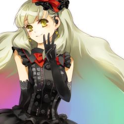 Rule 34 | 1girl, bad id, bad pixiv id, elbow gloves, gloves, gradient hair, long hair, mayu (vocaloid), multicolored hair, smile, solo, transparent background, vocaloid, yamano uzura, yellow eyes