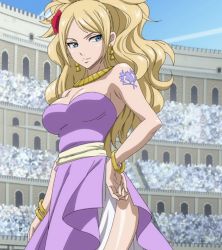 Rule 34 | 1girl, bare shoulders, blonde hair, blue eyes, breasts, cleavage, earrings, fairy tail, female focus, flower, gold, hair flower, hair ornament, highres, jenny realight, jewelry, large breasts, long hair, necklace, screencap, smile, solo, standing, stitched, tattoo, third-party edit