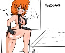 Rule 34 | 1girl, absurdres, adapted costume, armpits, ass, asymmetrical hair, bar censor, bare legs, blush, breasts, censored, cowboy shot, creatures (company), game freak, gloves, green eyes, gym leader, highres, lanzort, large breasts, legs, misty (pokemon), navel, nintendo, open mouth, orange hair, pokemon, pokemon: the electric tale of pikachu, pokemon hgss, ponytail, short hair, side ponytail, simple background, slingshot swimsuit, spread legs, swimsuit, thighs, white background