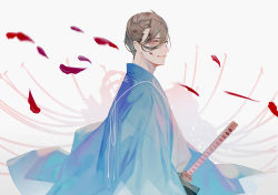 Rule 34 | 1boy, blood, blood on face, blue jacket, brown hair, butterfly39561, falling petals, fate/grand order, fate (series), floral background, flower, from side, glasses, grey kimono, hair over one eye, hair pulled back, haori, highres, jacket, japanese clothes, katana, kimono, looking at viewer, male focus, petals, purple eyes, sheath, sheathed, shinsengumi, short hair, sideways glance, silhouette, smile, solo, spider lily, sword, upper body, weapon, white background, yamanami keisuke (fate)