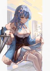 Rule 34 | 1girl, ahoge, blue coat, blue hair, blue ribbon, blue skirt, braid, breasts, center frills, choko (cup), cleavage, cleavage cutout, closed mouth, clothing cutout, coat, corset, cup, elf, feet out of frame, flower, frilled skirt, frills, fur-trimmed sleeves, fur trim, hair flower, hair ornament, half updo, highres, hololive, large breasts, long hair, long sleeves, miniskirt, multicolored hair, neck ribbon, open clothes, open coat, orange eyes, pointy ears, ribbon, shirt, sitting, skirt, skirt hold, smile, solo, streaked hair, table, thighhighs, tokkuri, virtual youtuber, white flower, white shirt, white thighhighs, xyunx, yukihana lamy, zettai ryouiki