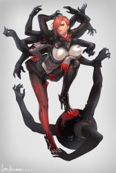 Rule 34 | 1girl, 1other, barcode, bodysuit, breasts, covered erect nipples, cyborg, dark skin, deep skin, dwarf gekko, earrings, extra arms, eyeshadow, full body, gloves, grey background, hair over one eye, hand on own hip, high heels, highres, impossible bodysuit, impossible clothes, jewelry, large breasts, legs, lips, lipstick, lxkate, makeup, metal gear (series), metal gear rising: revengeance, mistral (metal gear rising), multicolored bodysuit, multicolored clothes, multicolored gloves, pink lips, red eyes, red hair, short hair, skin tight, solo focus, stepped on, stiletto heels, stud earrings