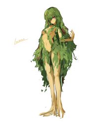Rule 34 | 1girl, artist name, breasts, brown eyes, full body, green hair, hair censor, hair over one eye, hand up, lansane, leaf, long hair, looking at viewer, medium breasts, monster girl, navel, nude, original, plant, plant girl, plant roots, sidelocks, signature, simple background, solo, very long hair, vines, white background