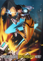 Rule 34 | 1girl, absurdres, bastion (overwatch), bodysuit, bomber jacket, breasts, brown eyes, brown gloves, brown hair, brown jacket, building, chest harness, clock, clock tower, closed mouth, clothes writing, cross-laced clothes, cross-laced legwear, english text, explosion, fur trim, gatling gun, gloves, goggles, gun, handgun, hands up, harness, highres, holding, holding gun, holding weapon, jacket, leather, leather jacket, leg up, mecha, medium breasts, midair, military rank insignia, minigun, night, night sky, nose, orange bodysuit, overwatch, overwatch 1, pink lips, qsun, robot, salute, shards, shoes, short hair, short sleeves, sky, skyscraper, sleeves rolled up, smile, solo, spiked hair, strap, swept bangs, thigh strap, tower, tracer (overwatch), two-finger salute, vambraces, weapon, white footwear, yellow bodysuit