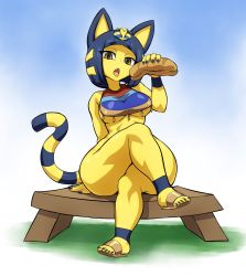 Rule 34 | 1girl, animal crossing, ankha (animal crossing), claws, hair ornament, highres, nintendo, sitting, slippers, snake hair ornament, solo, thick thighs, thighs
