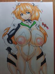 Rule 34 | 1girl, :o, alternate breast size, artist request, bodysuit, breasts, cameltoe, cleft of venus, covered navel, curvy, dated, embarrassed, female focus, hand on own hip, highres, huge breasts, long hair, neon genesis evangelion, photo (medium), plugsuit, plump, see-through, see-through bodysuit, signature, simple background, solo, souryuu asuka langley, translation request, two side up, very long hair, wet, wet clothes, wide hips