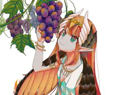 Rule 34 | 1girl, aqua eyes, armlet, bangle, bracelet, brown wings, circe (fate), dress, fate/grand order, fate (series), feather hair ornament, feathers, flat chest, food, fruit, grapes, hair ornament, highres, jewelry, large wings, long hair, looking up, pink hair, simple background, smile, solo, tiara, wararara, white background, white dress, wings