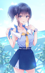 Rule 34 | 1girl, :d, black eyes, black hair, blue skirt, blue sky, blush, breasts, cloud, collarbone, hair between eyes, hair ornament, hairclip, halterneck, horizon, light blush, looking at viewer, nagidango, ocean, off-shoulder shirt, off shoulder, open mouth, original, outdoors, plant, ponytail, railing, shirt, shirt tucked in, sidelocks, skirt, sky, sleeveless, small breasts, smile, solo, striped clothes, striped shirt, vines, watch, water