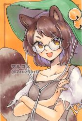 Rule 34 | 1girl, 2zuz4hru, :d, animal ears, brown eyes, brown hair, brown shirt, collarbone, crossed arms, futatsuiwa mamizou, highres, leaf, leaf on head, looking at viewer, marker (medium), open mouth, raccoon ears, raccoon girl, raccoon tail, shirt, short hair, short sleeves, smile, solo, tail, touhou, traditional media, upper body, yellow background