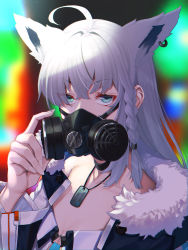 Rule 34 | 1girl, ahoge, animal ears, blurry, blurry background, braid, breasts, cleavage, depth of field, dog tags, earrings, fingernails, fox ears, green eyes, highres, hololive, jacket, jewelry, long fingernails, long hair, looking at viewer, mask, mikan (chipstar182), mouth mask, respirator, sanpaku, shirakami fubuki, shirakami fubuki (fubukitek), side braid, solo, sparkle, upper body, virtual youtuber, white hair