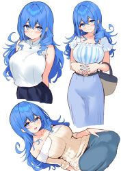 Rule 34 | 1girl, bag, bare shoulders, blue eyes, blue hair, blue shirt, blue skirt, blush, breasts, closed mouth, collarbone, commentary, cu-no, drill hair, drill sidelocks, frilled shirt, frilled sleeves, frills, hair between eyes, handbag, hands on own stomach, head tilt, highres, hisen kaede, jewelry, kohitsuji ai, large breasts, long hair, long skirt, necklace, off-shoulder shirt, off shoulder, open mouth, purple skirt, shirt, shirt tucked in, short sleeves, sidelocks, sideways, single drill, sitting, skirt, sleeveless, sleeveless shirt, smile, striped clothes, striped shirt, vertical-striped clothes, vertical-striped shirt, wavy hair, white shirt