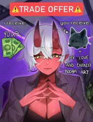 Rule 34 | 1girl, akumi (yoclesh), banknote, black nails, black shirt, breasts, cleavage, closed mouth, collarbone, colored skin, commentary, earrings, english commentary, english text, grey jacket, hair between eyes, hair bun, highres, hoop earrings, horns, indie virtual youtuber, jacket, jewelry, lapels, large breasts, long sleeves, looking at viewer, meme, money, nail polish, notched lapels, photo inset, red skin, scar, scar on chest, scar on face, scar on hand, shirt, short hair, sidelocks, solo, steepled fingers, trade offer (meme), virtual youtuber, white hair, yellow eyes, yoclesh