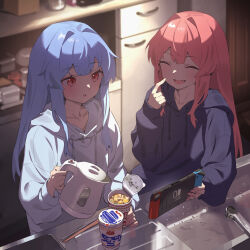 Rule 34 | 2girls, :d, :o, ^ ^, black hoodie, blue hair, casual, chopsticks, closed eyes, commentary request, cup, fang, faucet, hair intakes, handheld game console, highres, holding, holding cup, holding handheld game console, holding kettle, hood, hood down, hoodie, indoors, kitchen, kotonoha akane, kotonoha aoi, long hair, multiple girls, nintendo switch, nissin cup noodle, open mouth, pink hair, refrigerator, siblings, sink, sisters, smile, upper body, voiceroid, white hoodie, yamamomo (plank)