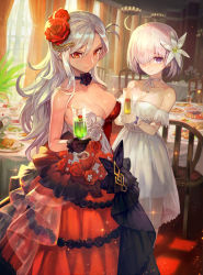 Rule 34 | 2girls, ahoge, antenna hair, bare shoulders, black gloves, bouquet, breasts, chair, champagne flute, chandelier, choker, cleavage, cocktail, collarbone, cropped, cup, curtains, dress, drinking glass, fate/grand order, fate (series), flower, flower choker, food, formal, glass, glove bow, gloves, hair flower, hair ornament, hair over one eye, highres, holding, holding cup, indoors, lack, large breasts, light, light purple hair, lily (flower), mash kyrielight, mash kyrielight (formal dress), multiple girls, official alternate costume, official art, olga marie animusphere, olga marie animusphere (afternoon party), own hands clasped, own hands together, red dress, ribbon choker, salad, sandwich, shadow, smile, sparkle, standing, strapless, strapless dress, sunlight, table, wavy hair, white dress, white gloves, white hair, window, window shadow
